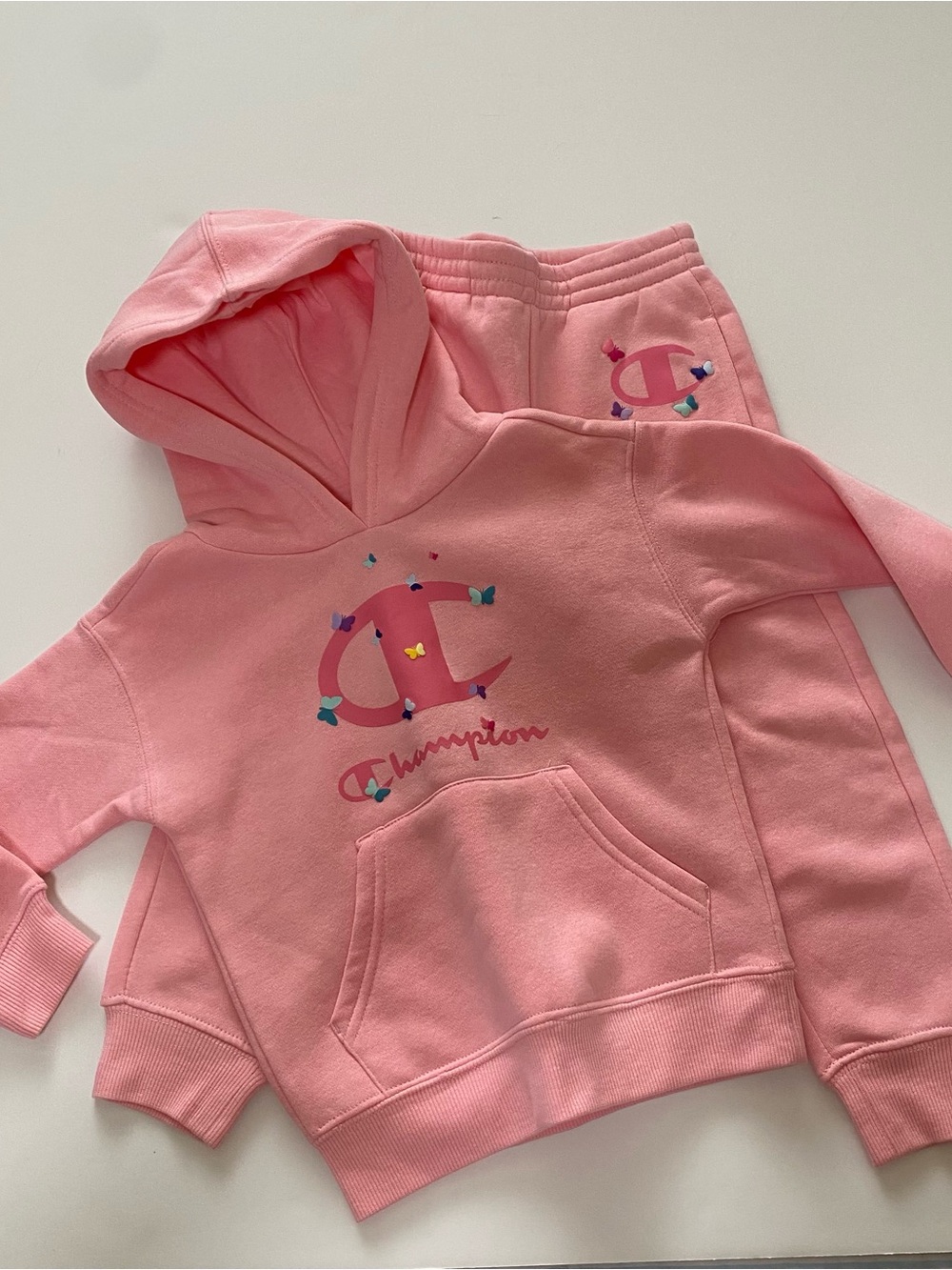 Champion Pink Kids Hoodie & Sweatpants Set with Butterfly Accents